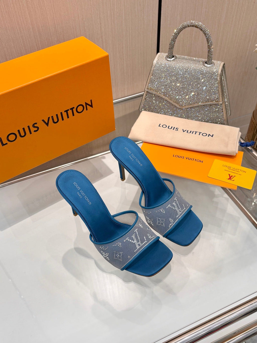 LV 26S MULE HEELS 90 MM IN OCEAN BLUE FABRIC AND LAMBSKIN