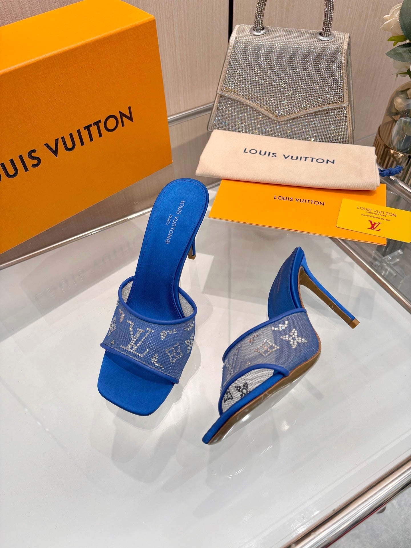 LV 26S MULE HEELS 90 MM IN NAVY BLUE FABRIC AND LAMBSKIN