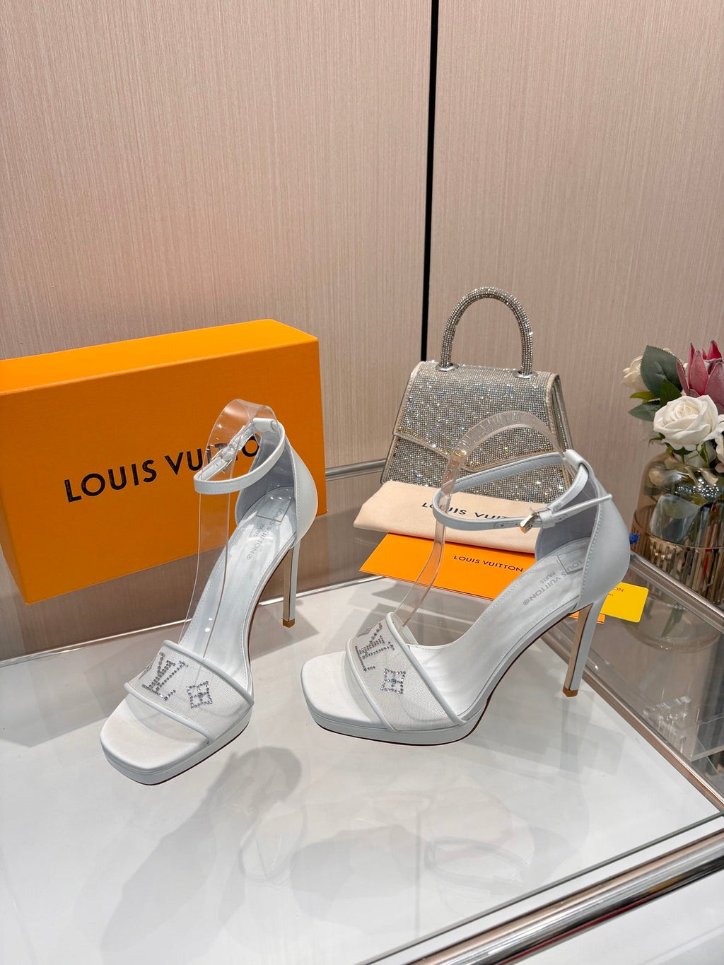 LV 26S HIGH HEEL SANDALS 110 MM IN WHITE FABRIC AND LAMBSKIN