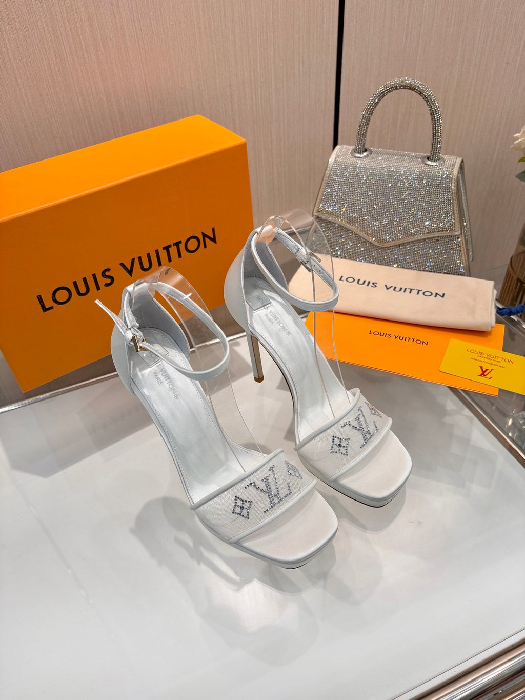 LV 26S HIGH HEEL SANDALS 110 MM IN WHITE FABRIC AND LAMBSKIN