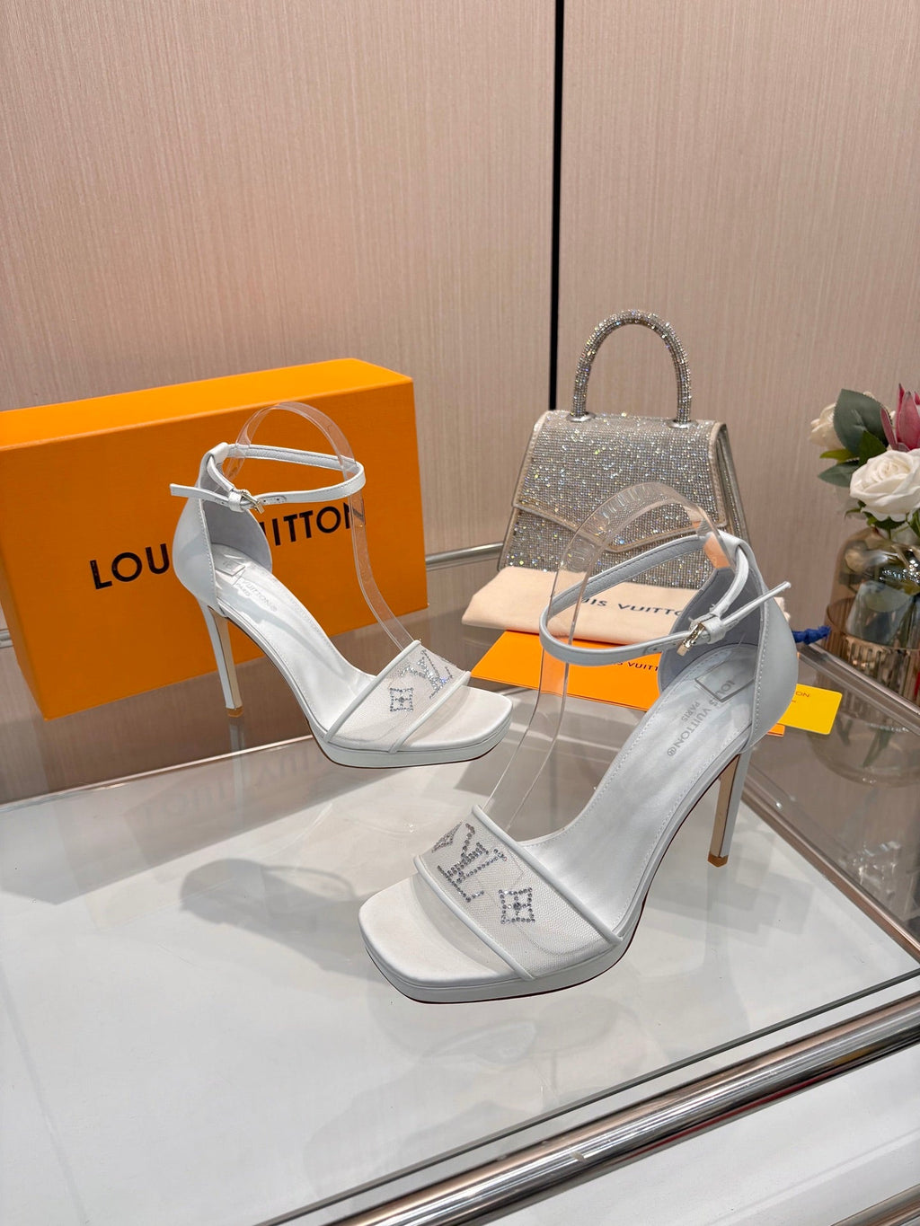 LV 26S HIGH HEEL SANDALS 110 MM IN WHITE FABRIC AND LAMBSKIN