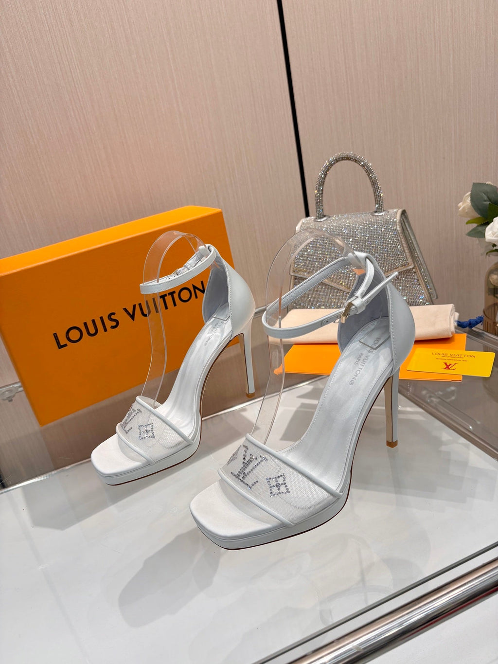 LV 26S HIGH HEEL SANDALS 110 MM IN WHITE FABRIC AND LAMBSKIN