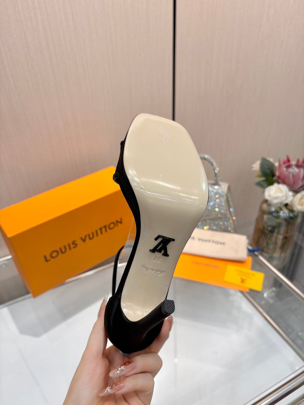 LV 26S HIGH HEEL SANDALS 110 MM IN BLACK FABRIC AND LAMBSKIN