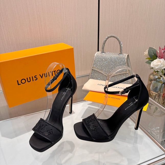 LV 26S HIGH HEEL SANDALS 110 MM IN BLACK FABRIC AND LAMBSKIN