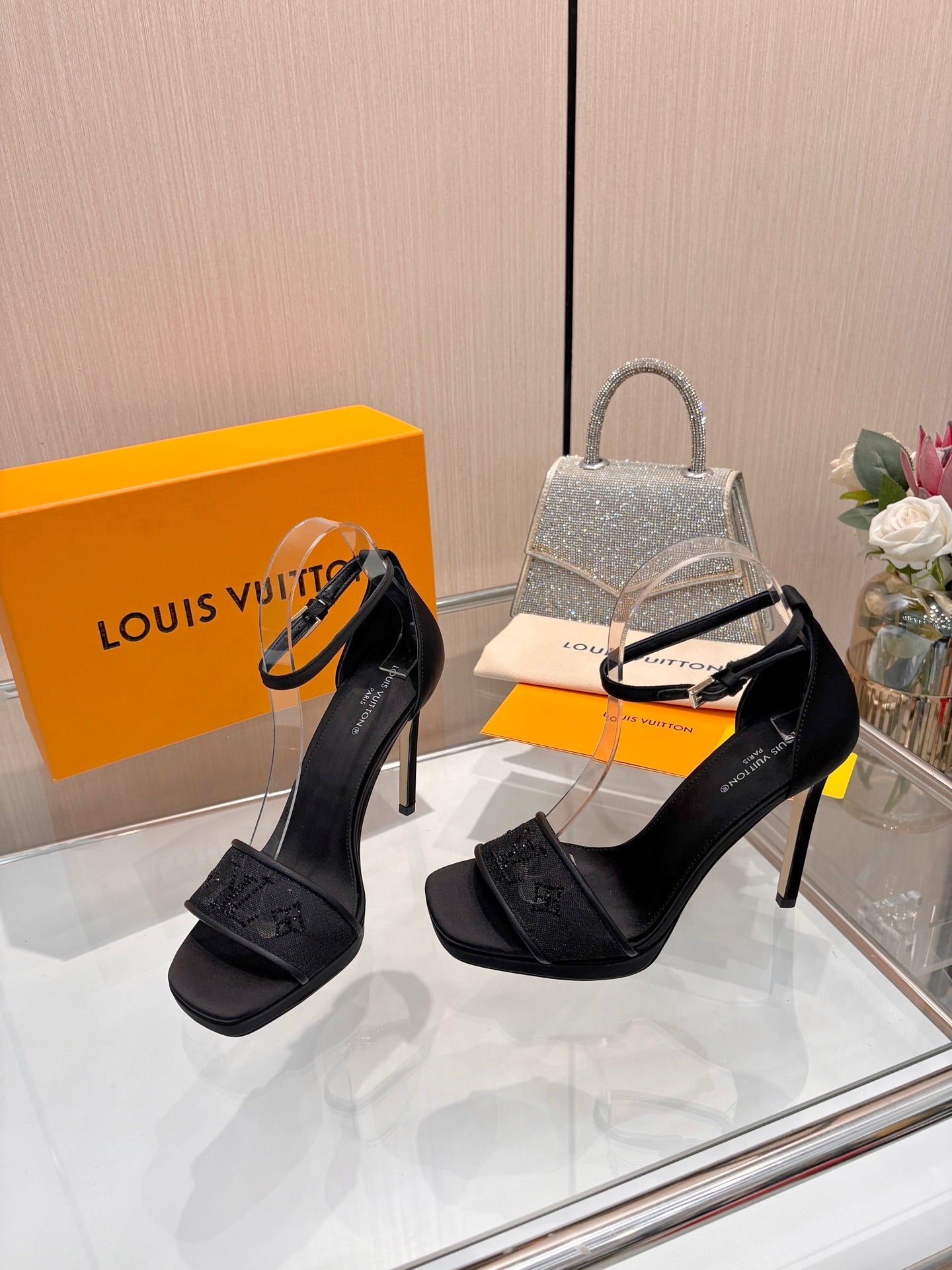 LV 26S HIGH HEEL SANDALS 110 MM IN BLACK FABRIC AND LAMBSKIN