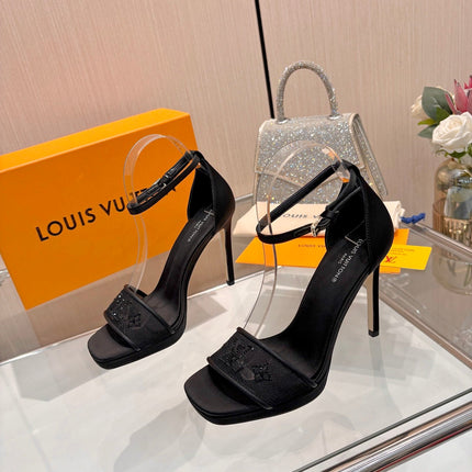 LV 26S HIGH HEEL SANDALS 110 MM IN BLACK FABRIC AND LAMBSKIN