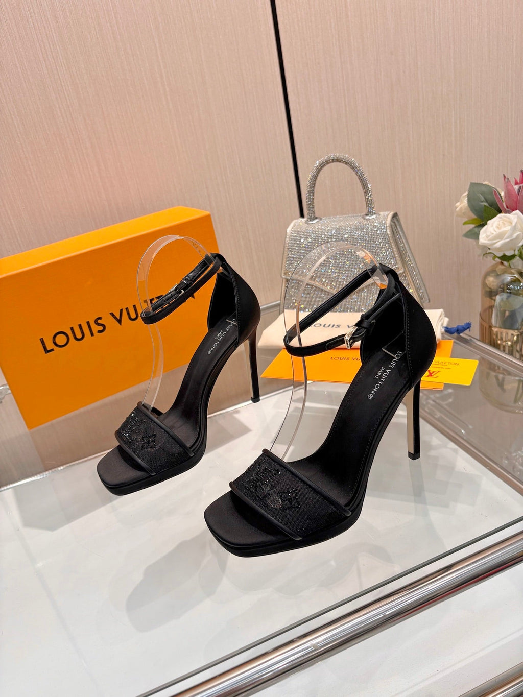 LV 26S HIGH HEEL SANDALS 110 MM IN BLACK FABRIC AND LAMBSKIN