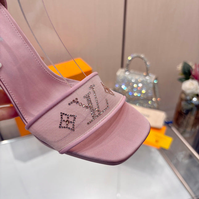 LV 26S HIGH HEEL SANDALS 110 MM IN LIGHT PINK FABRIC AND LAMBSKIN