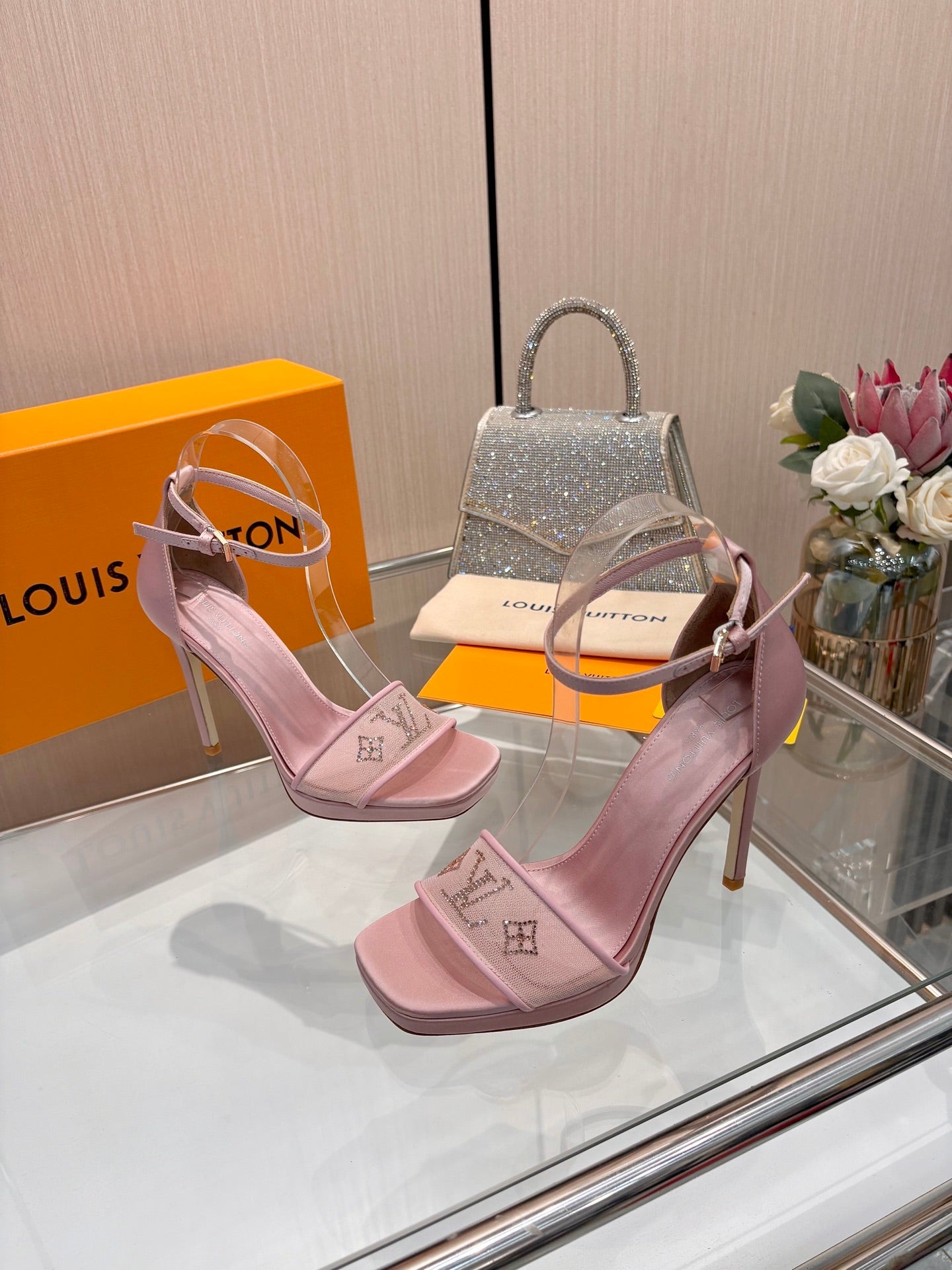 LV 26S HIGH HEEL SANDALS 110 MM IN LIGHT PINK FABRIC AND LAMBSKIN