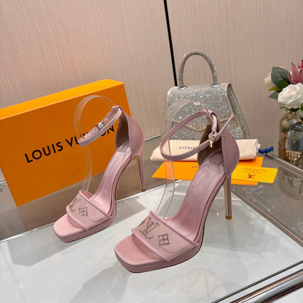 LV 26S HIGH HEEL SANDALS 110 MM IN LIGHT PINK FABRIC AND LAMBSKIN