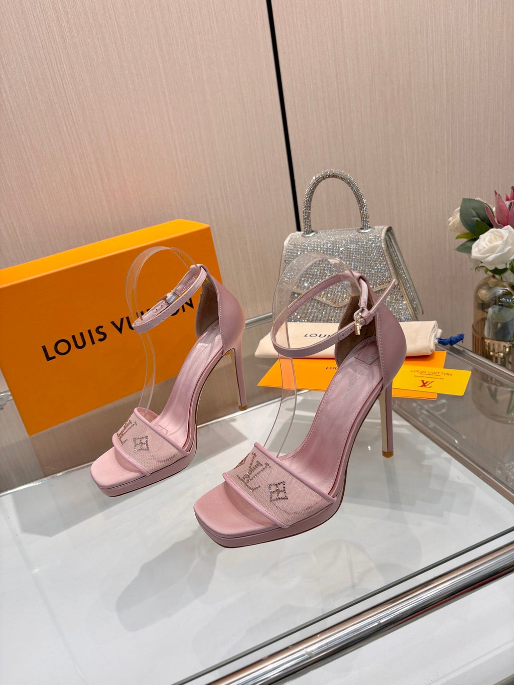 LV 26S HIGH HEEL SANDALS 110 MM IN LIGHT PINK FABRIC AND LAMBSKIN
