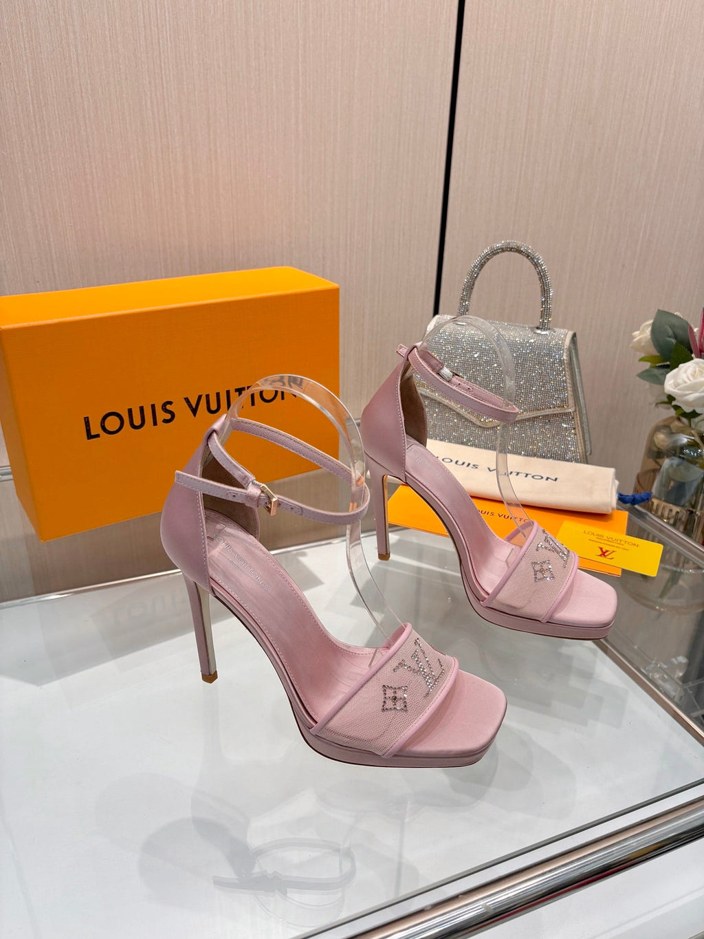 LV 26S HIGH HEEL SANDALS 110 MM IN LIGHT PINK FABRIC AND LAMBSKIN