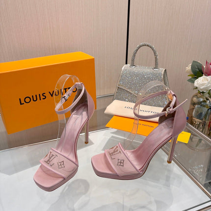 LV 26S HIGH HEEL SANDALS 110 MM IN LIGHT PINK FABRIC AND LAMBSKIN