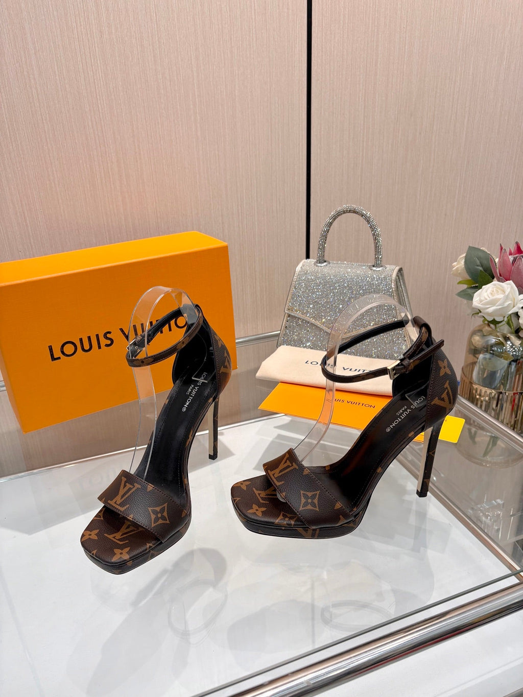 LV 26S HIGH HEEL SANDALS 110 MM IN DARK BROWN MONOGRAM CANVAS