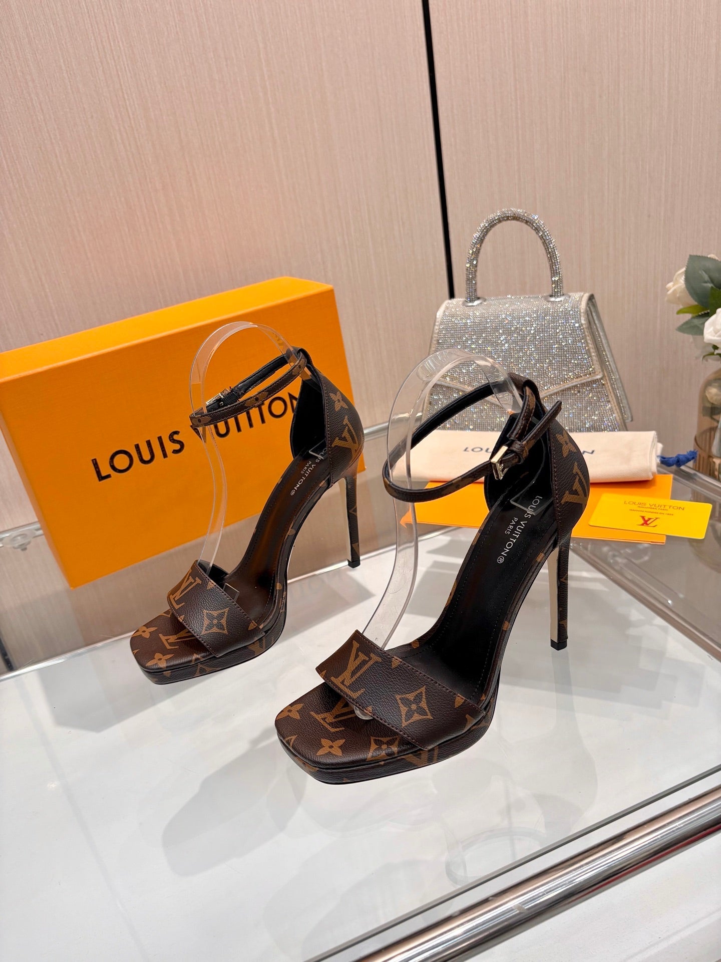 LV 26S HIGH HEEL SANDALS 110 MM IN DARK BROWN MONOGRAM CANVAS