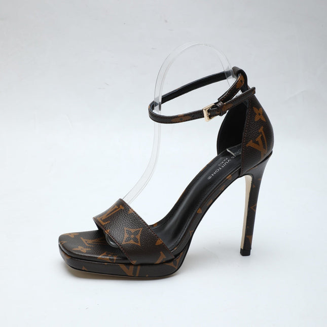 LV 26S HIGH HEEL SANDALS 110 MM IN DARK BROWN MONOGRAM CANVAS