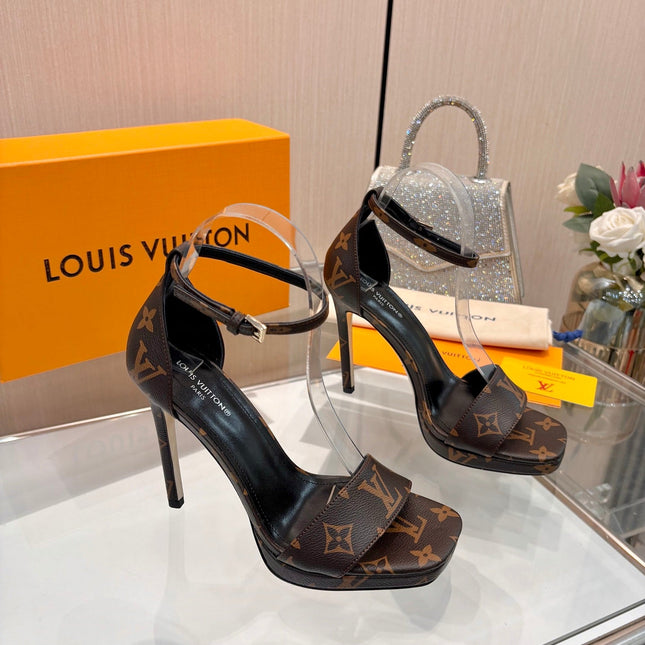 LV 26S HIGH HEEL SANDALS 110 MM IN DARK BROWN MONOGRAM CANVAS