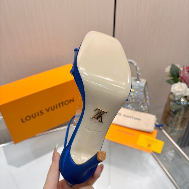 LV 26S HIGH HEEL SANDALS 110 MM IN NAVY BLUE FABRIC AND LAMBSKIN