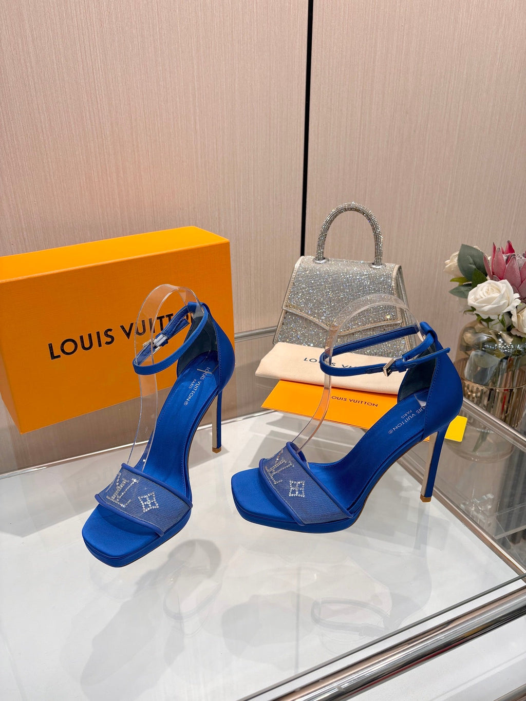 LV 26S HIGH HEEL SANDALS 110 MM IN NAVY BLUE FABRIC AND LAMBSKIN