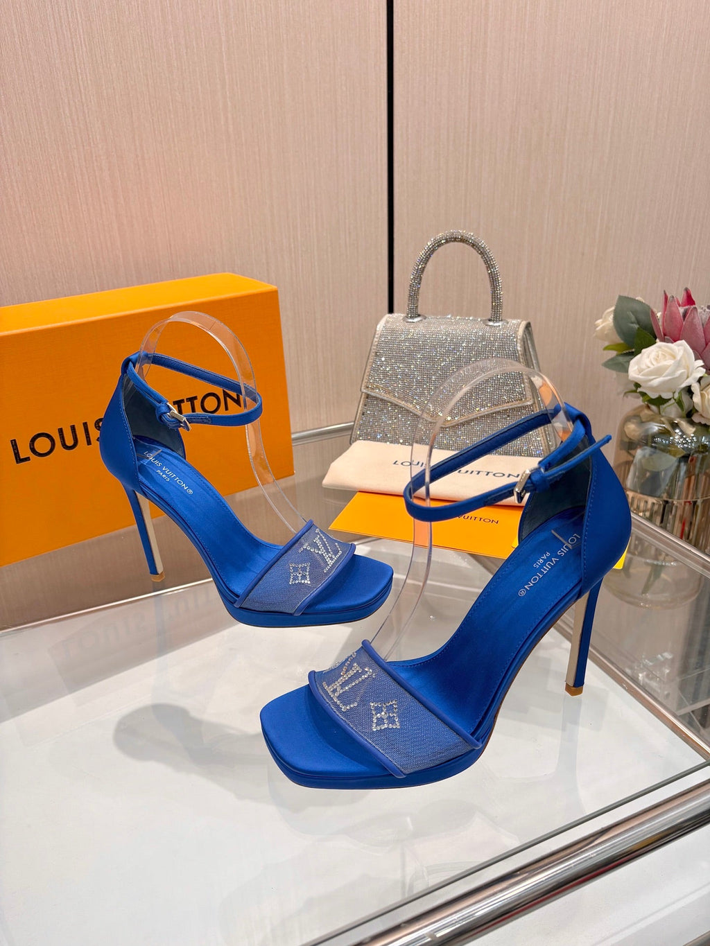 LV 26S HIGH HEEL SANDALS 110 MM IN NAVY BLUE FABRIC AND LAMBSKIN