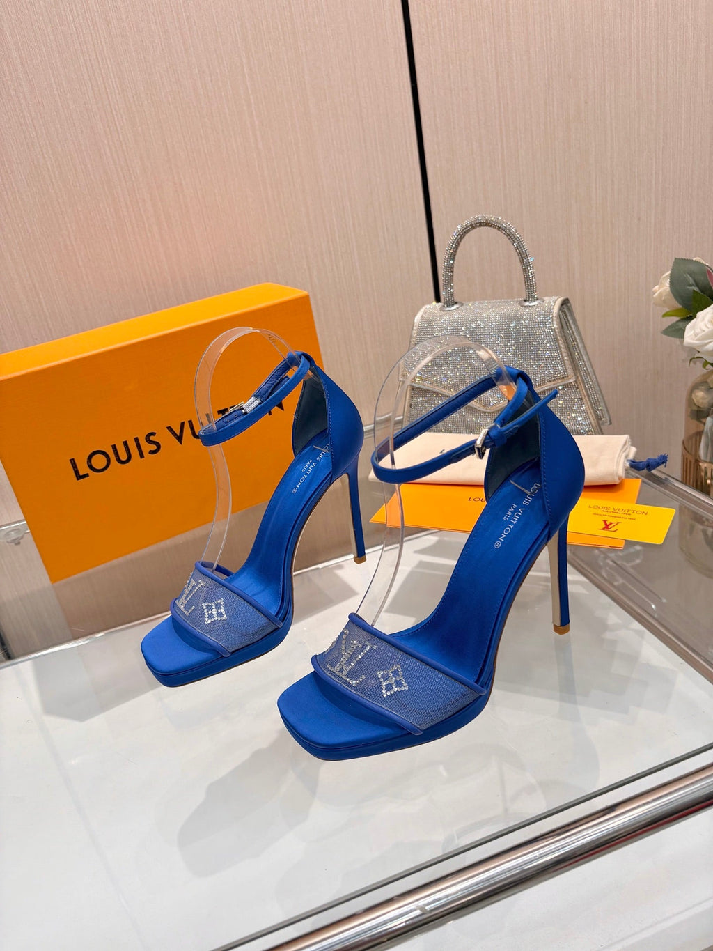 LV 26S HIGH HEEL SANDALS 110 MM IN NAVY BLUE FABRIC AND LAMBSKIN