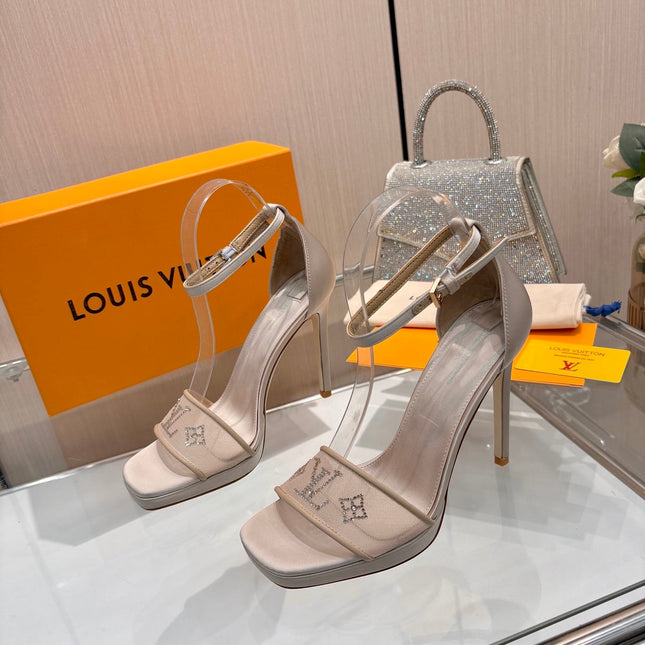 LV 26S HIGH HEEL SANDALS 110 MM IN BEIGE FABRIC AND LAMBSKIN