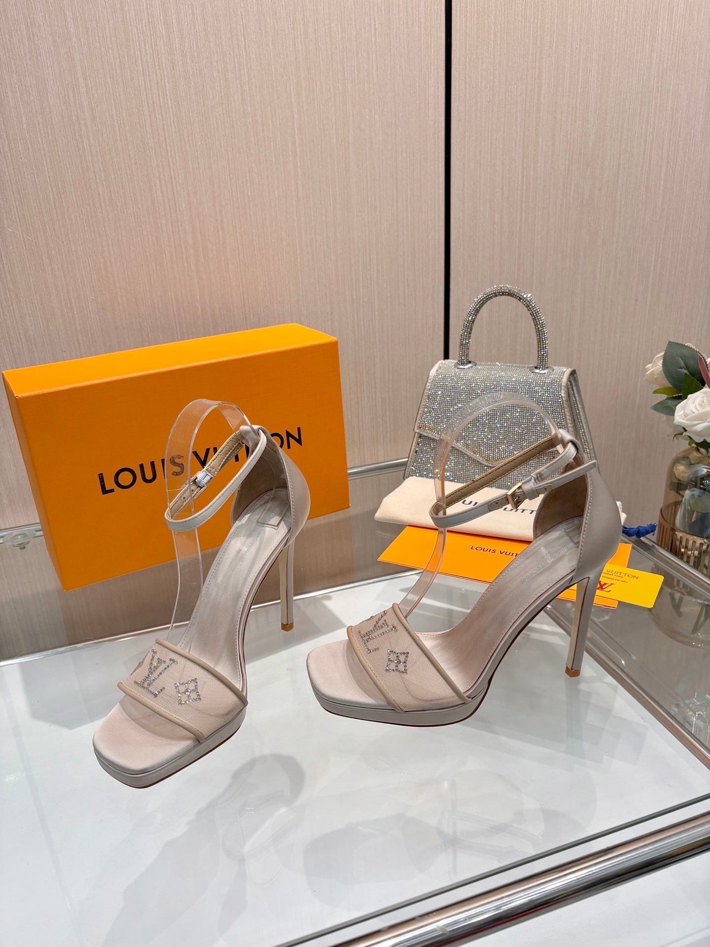 LV 26S HIGH HEEL SANDALS 110 MM IN BEIGE FABRIC AND LAMBSKIN