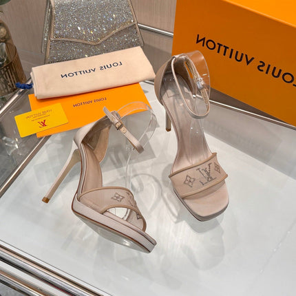 LV 26S HIGH HEEL SANDALS 110 MM IN BEIGE FABRIC AND LAMBSKIN