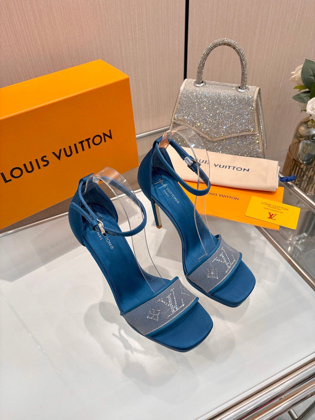 LV 26S HIGH HEEL SANDALS 110 MM IN OCEAN BLUE FABRIC AND LAMBSKIN
