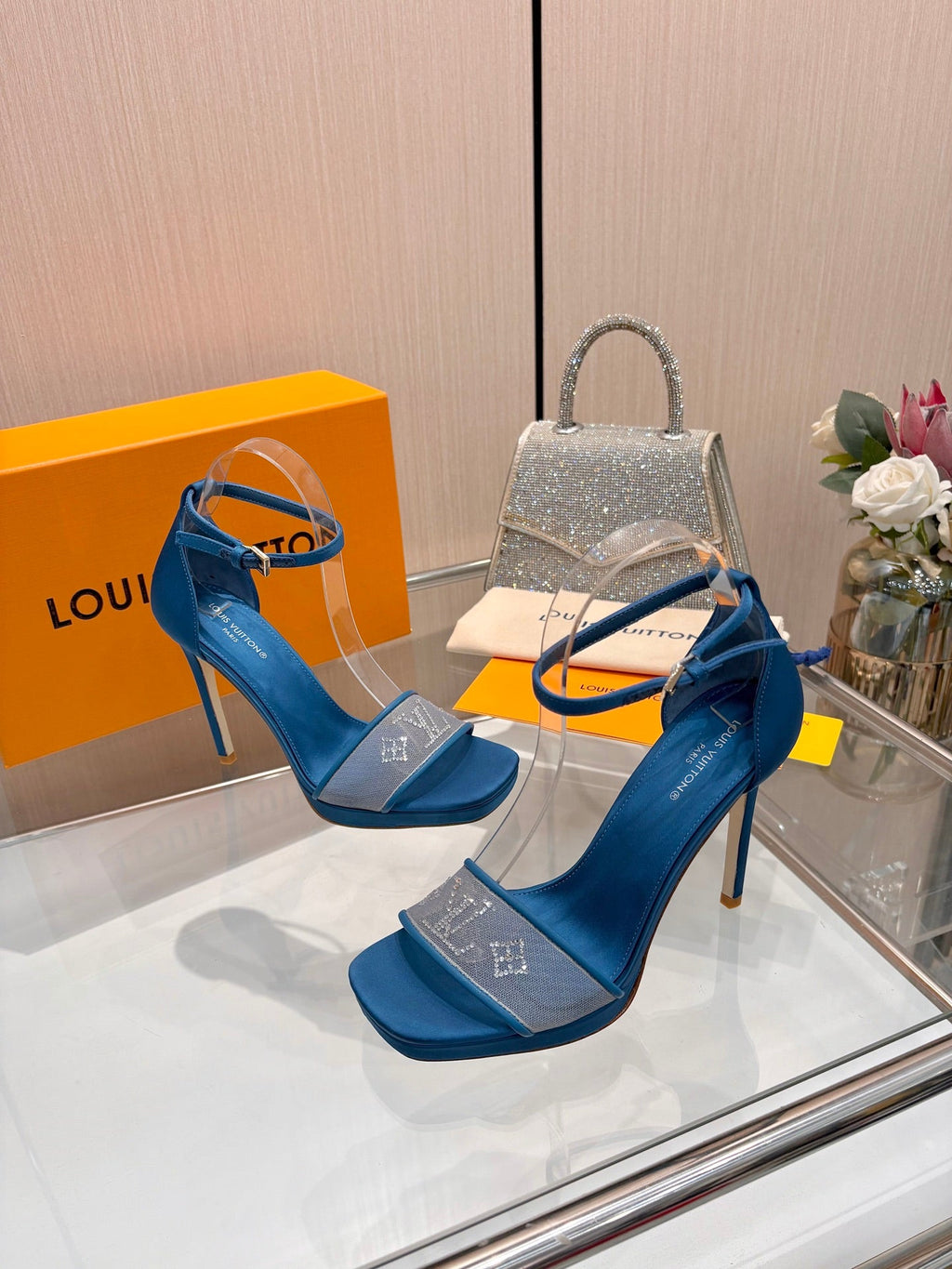 LV 26S HIGH HEEL SANDALS 110 MM IN OCEAN BLUE FABRIC AND LAMBSKIN