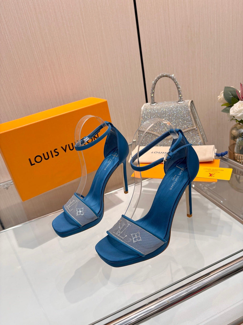 LV 26S HIGH HEEL SANDALS 110 MM IN OCEAN BLUE FABRIC AND LAMBSKIN