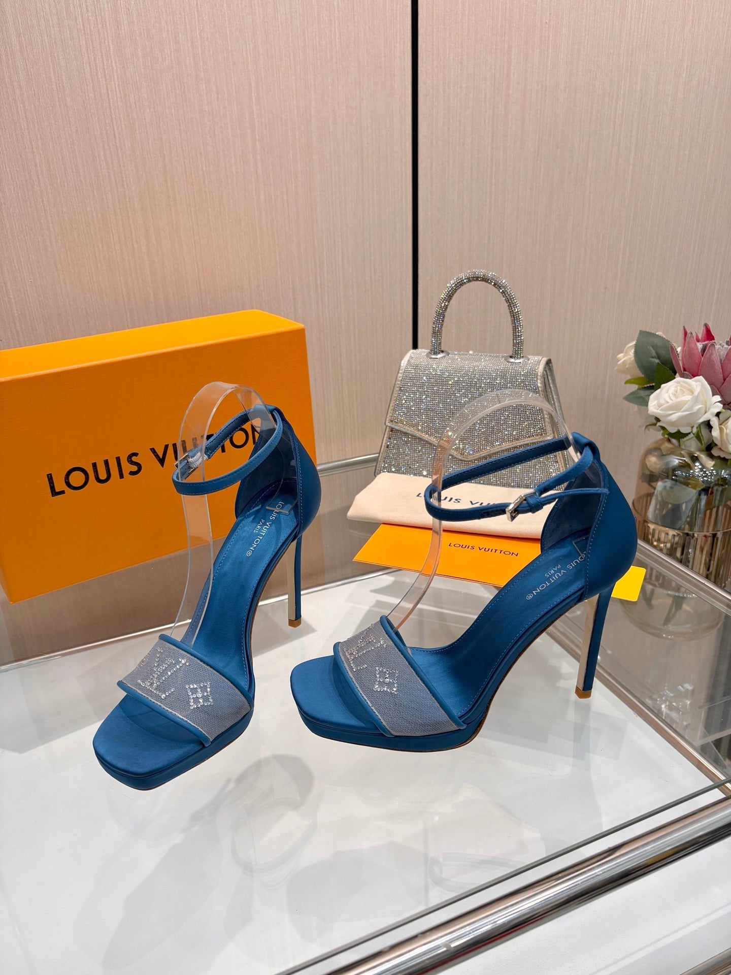LV 26S HIGH HEEL SANDALS 110 MM IN OCEAN BLUE FABRIC AND LAMBSKIN