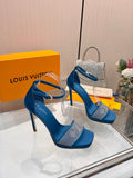 LV 26S HIGH HEEL SANDALS 110 MM IN OCEAN BLUE FABRIC AND LAMBSKIN