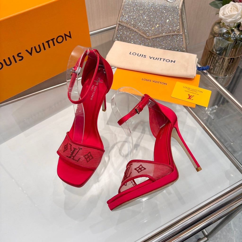 LV 26S HIGH HEEL SANDALS 110 MM IN RED FABRIC AND LAMBSKIN
