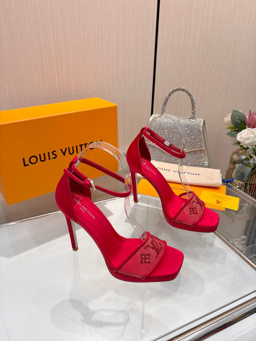 LV 26S HIGH HEEL SANDALS 110 MM IN RED FABRIC AND LAMBSKIN