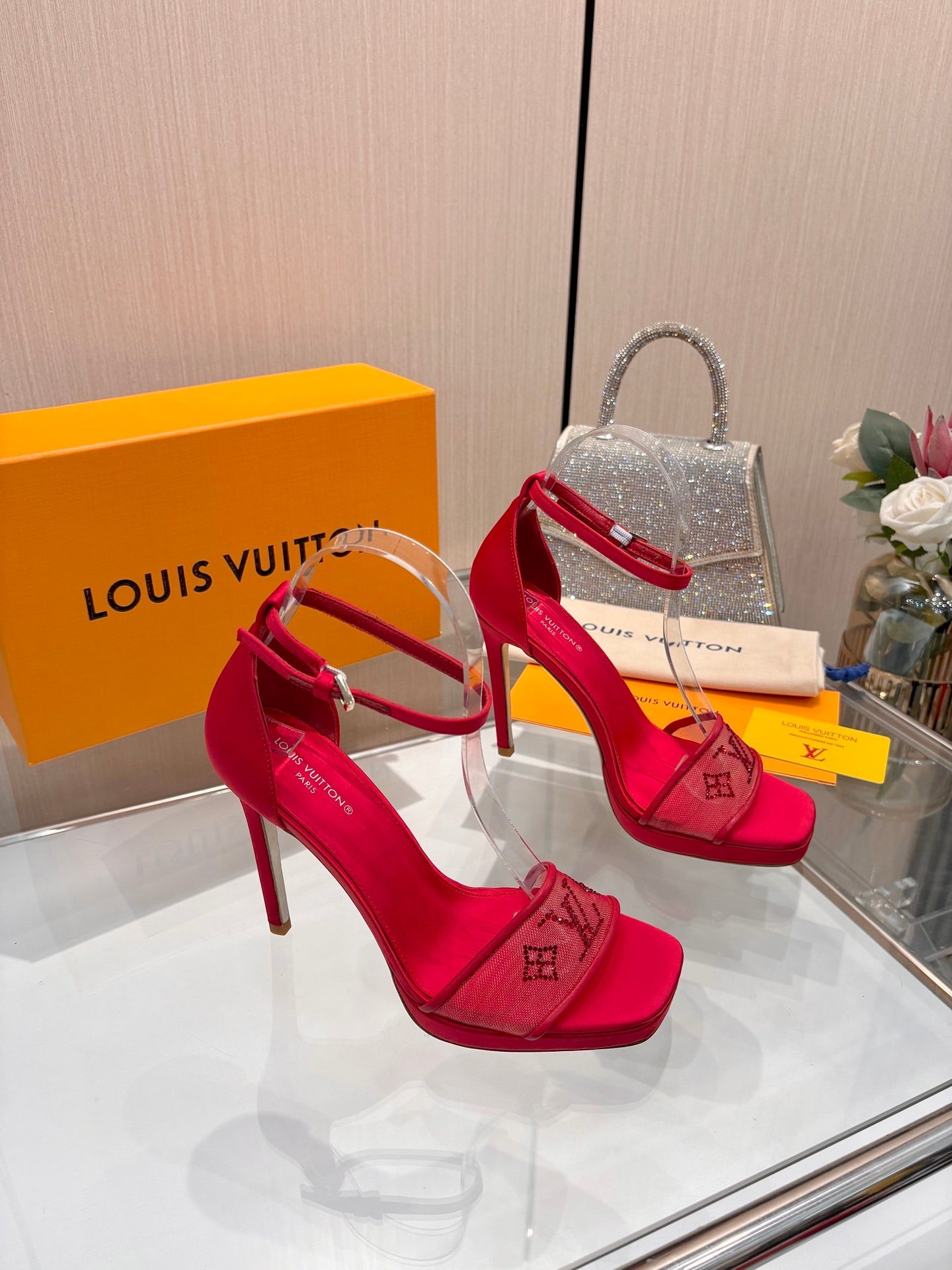 LV 26S HIGH HEEL SANDALS 110 MM IN RED FABRIC AND LAMBSKIN