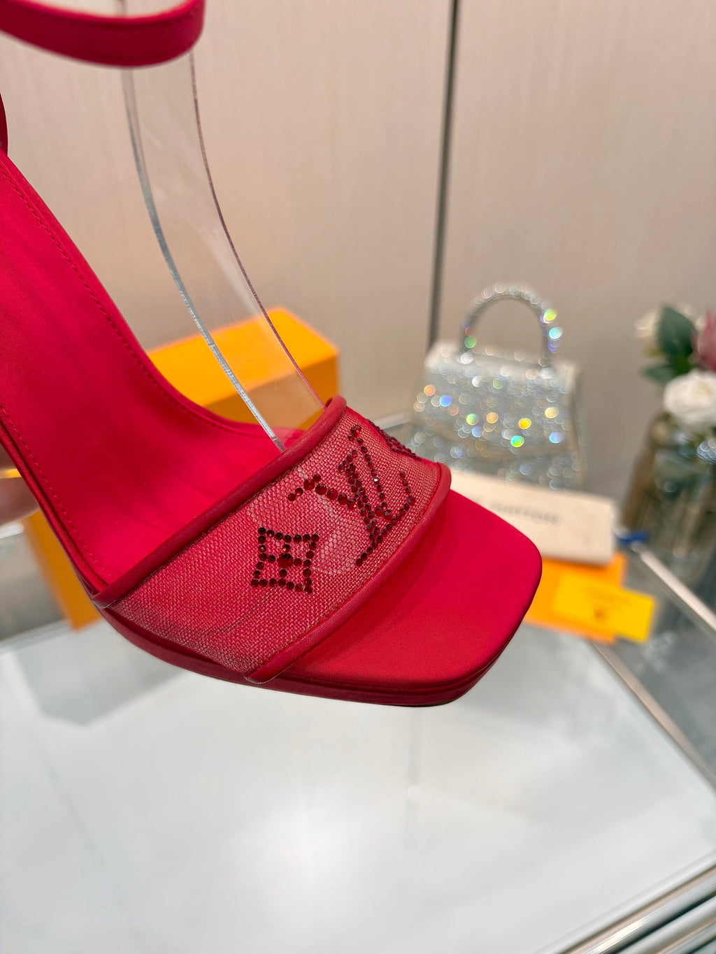 LV 26S HIGH HEEL SANDALS 110 MM IN RED FABRIC AND LAMBSKIN