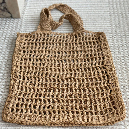 BLACK EMBROIDED LOGO TOTE BAG 40 IN BROWN WOVEN RAFFIA