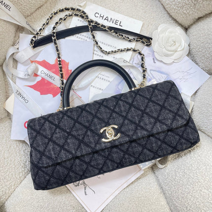 CHANEL 26S COCO HANDLE BAG 32 IN DARK BLUE DENIM GOLD HARDWARE