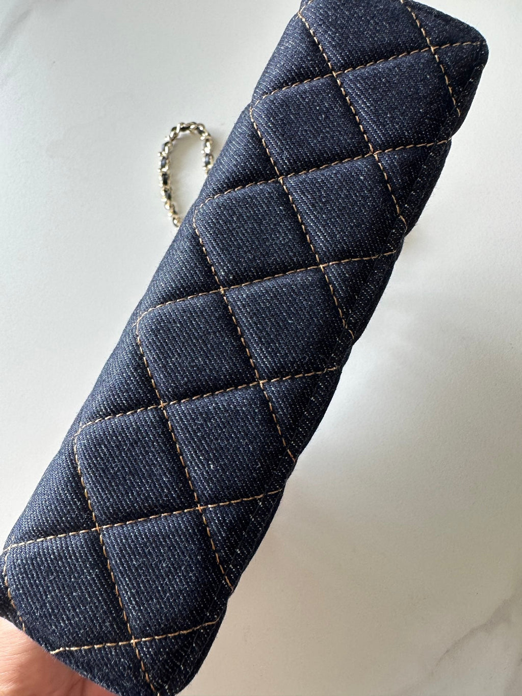 CHANEL 25S VANITY CLASSIC FLAP 17 IN DARK BLUE QUILTED DENIM GOLD HARDWARE