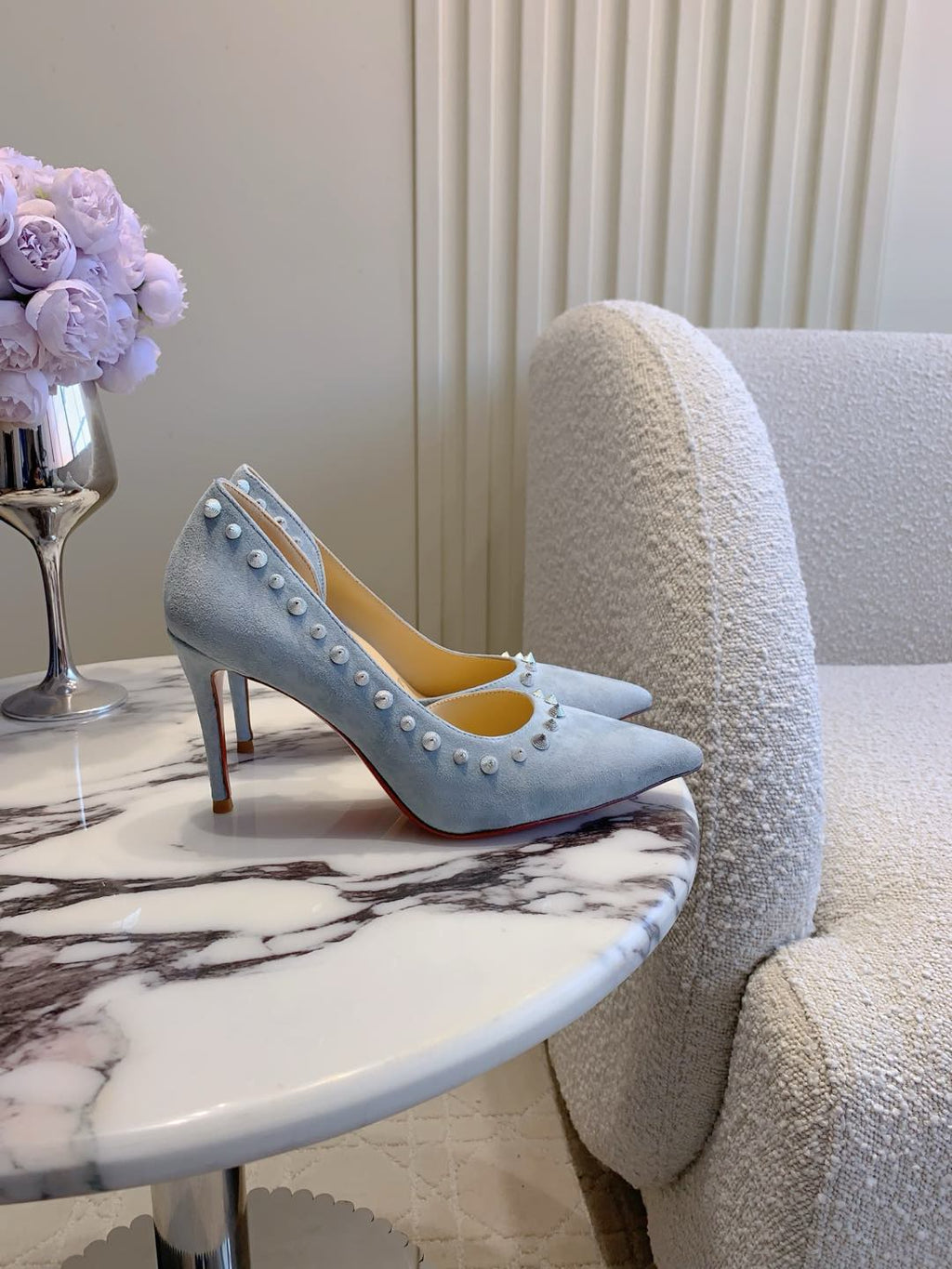 IRIZA PUMPS 85MM IN LIGHT BLUE SUEDE SILVER SPIKES