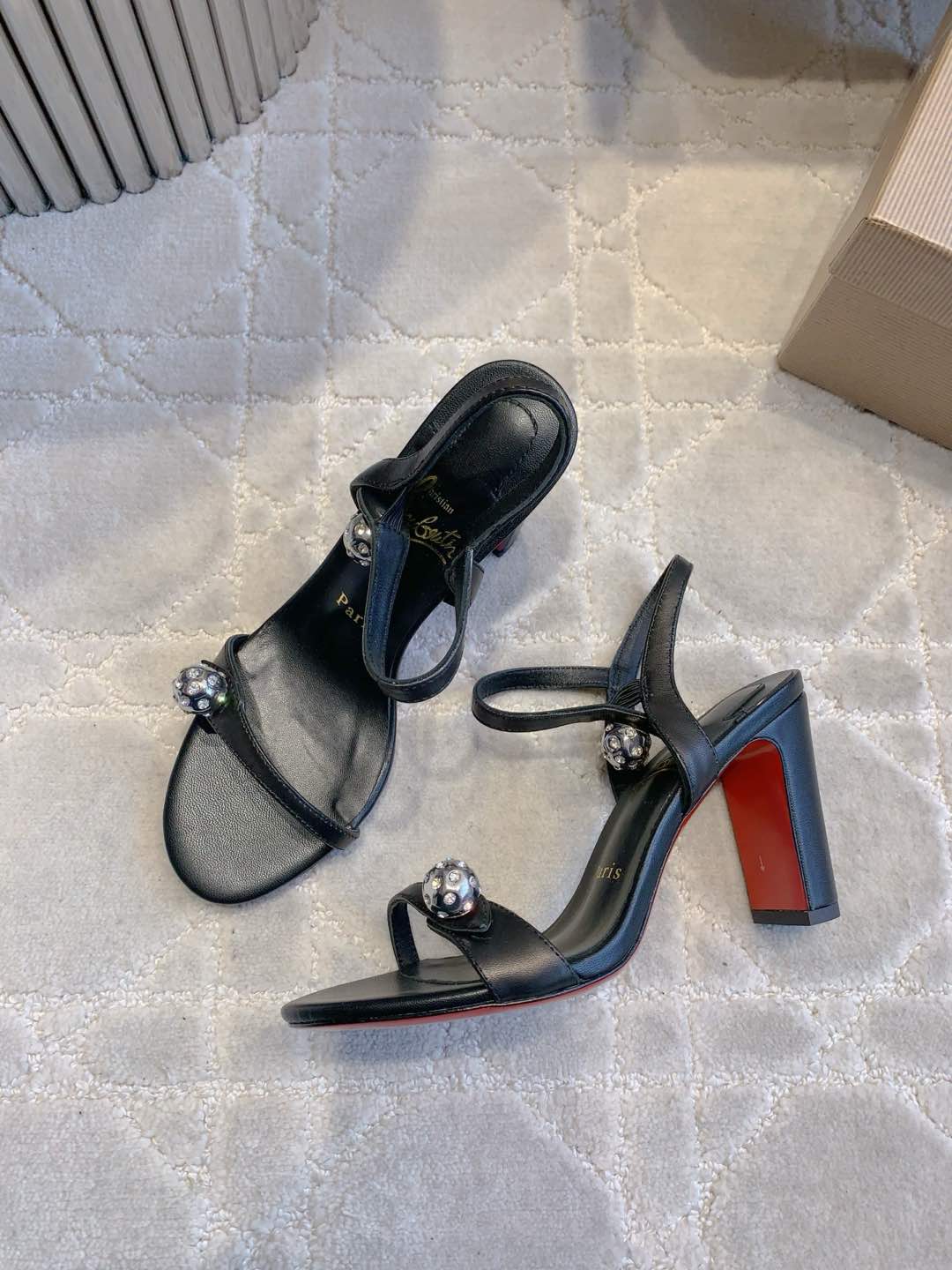 MISS JANE SANDAL 90MM IN BLACK CALFSKIN EMBELLISHED BALL