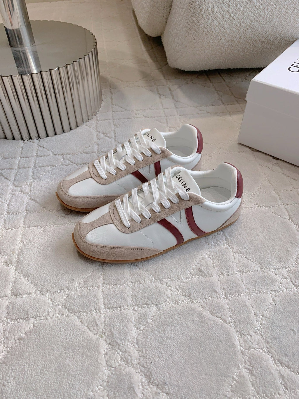 CELINE 25S JOGGER LOW LACE UP SNEAKER IN WHITE BEIGE RED CALFSKIN AND SUEDE