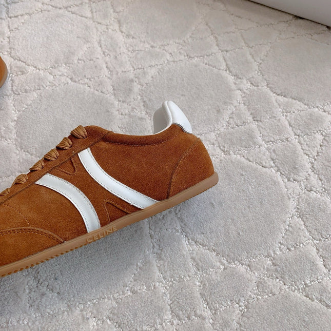 CELINE 25S JOGGER LOW LACE UP SNEAKER IN RUST BROWN CALFSKIN AND SUEDE