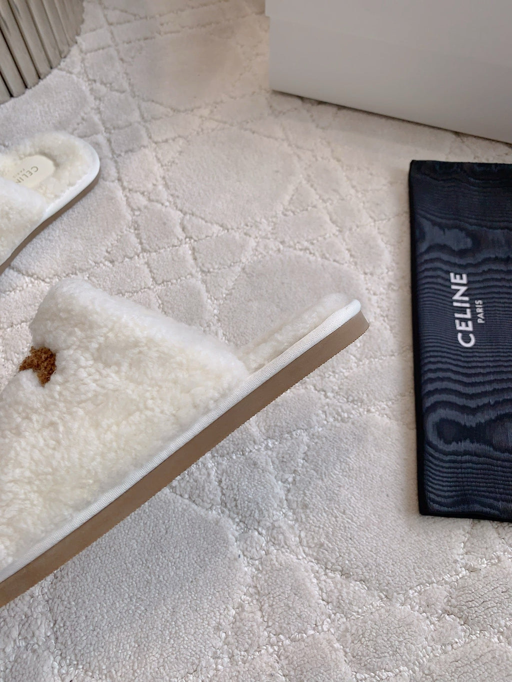 CELINE 26S MULES WITH LOGO IN WHITE AND BROWN WOOL