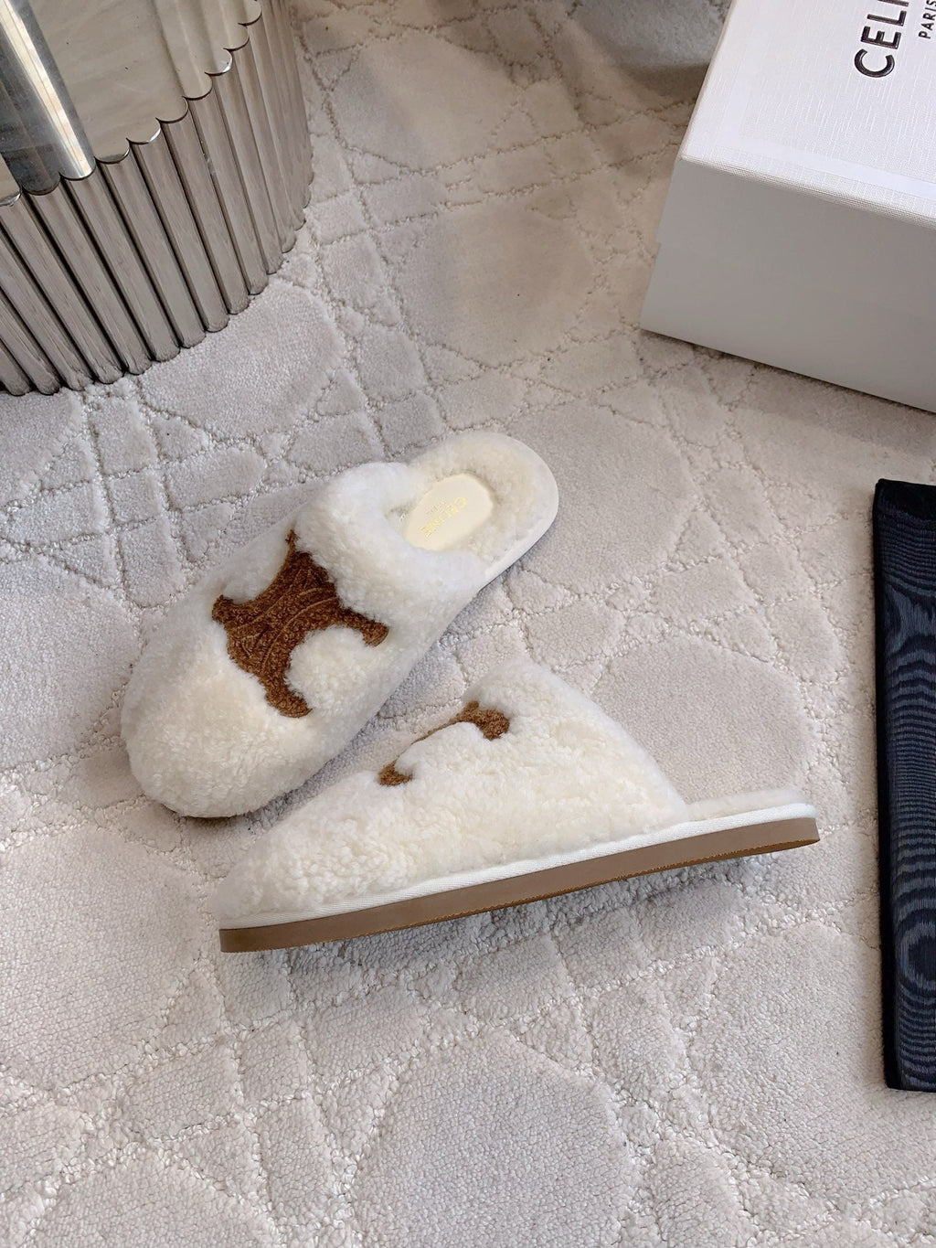 CELINE 26S MULES WITH LOGO IN WHITE AND BROWN WOOL