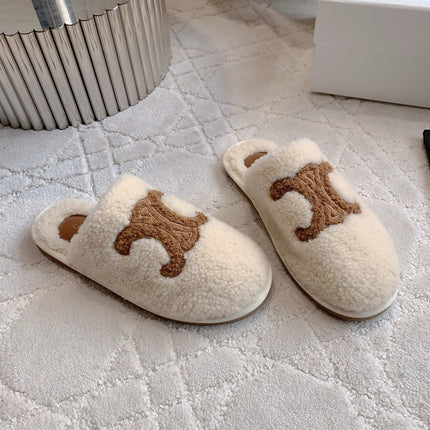 CELINE 26S MULES WITH LOGO IN LIGHT BEIGE AND BROWN WOOL