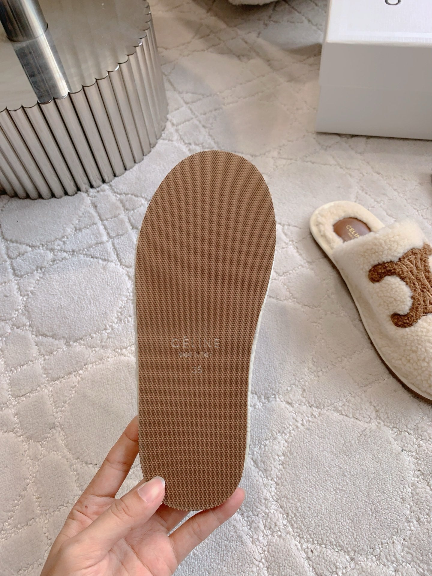 CELINE 26S MULES WITH LOGO IN LIGHT BEIGE AND BROWN WOOL