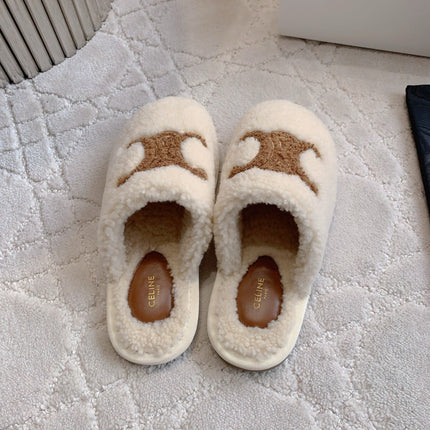 CELINE 26S MULES WITH LOGO IN LIGHT BEIGE AND BROWN WOOL