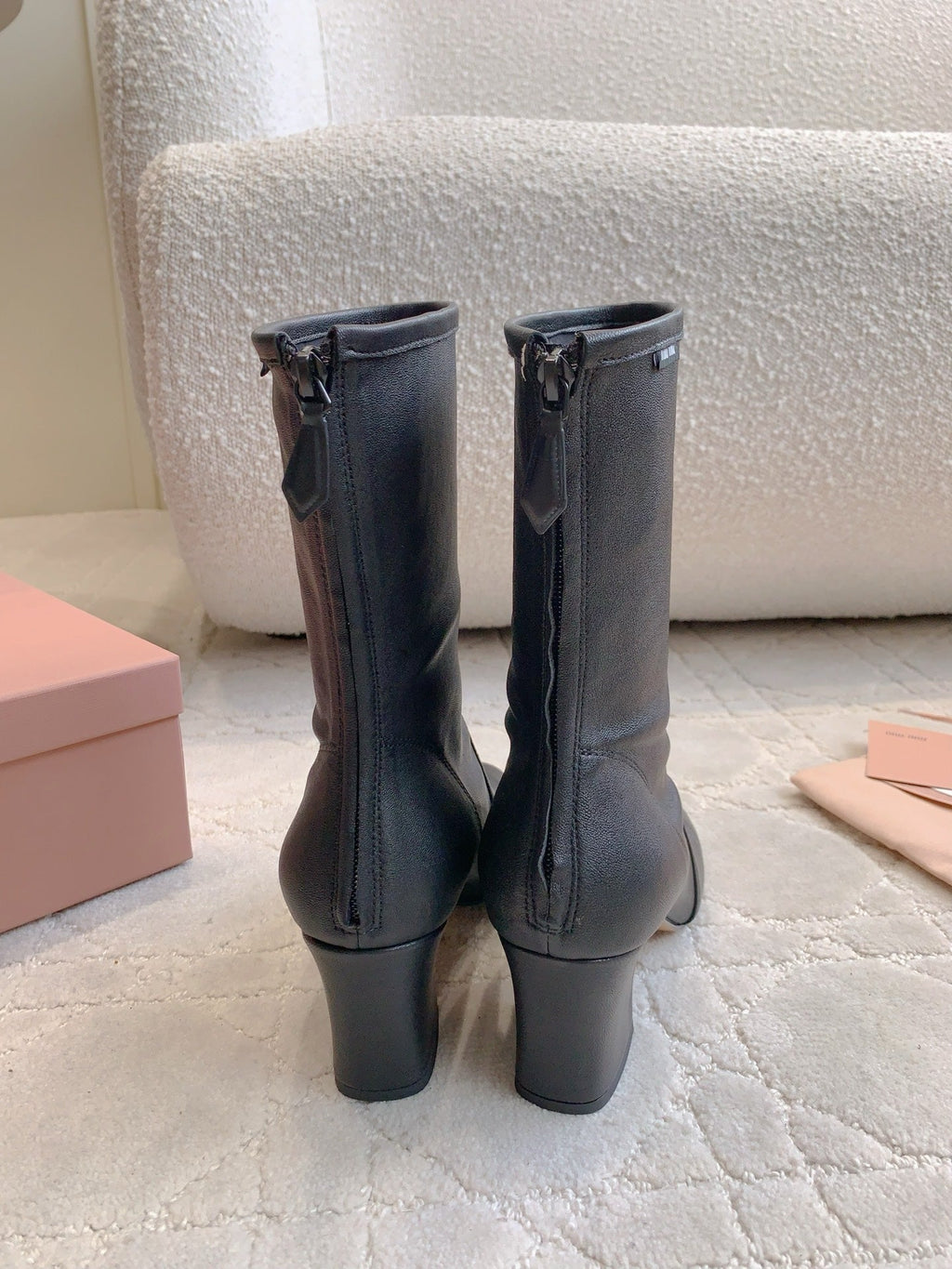 MIUMIU 26S HIGH-HEELED ANKLE BOOTS 70MM IN BLACK CALFSKIN